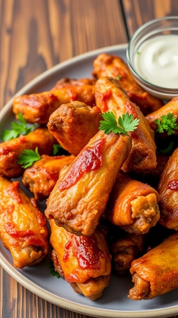 Crispy seasoned chicken wings on a plate with parsley and dipping sauce.